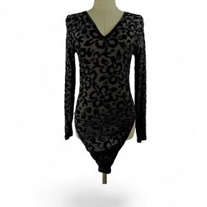 Black Burnout Devore Velvet Floral Pattern Bodysuit Long Sleeve V-Neck Small EUC